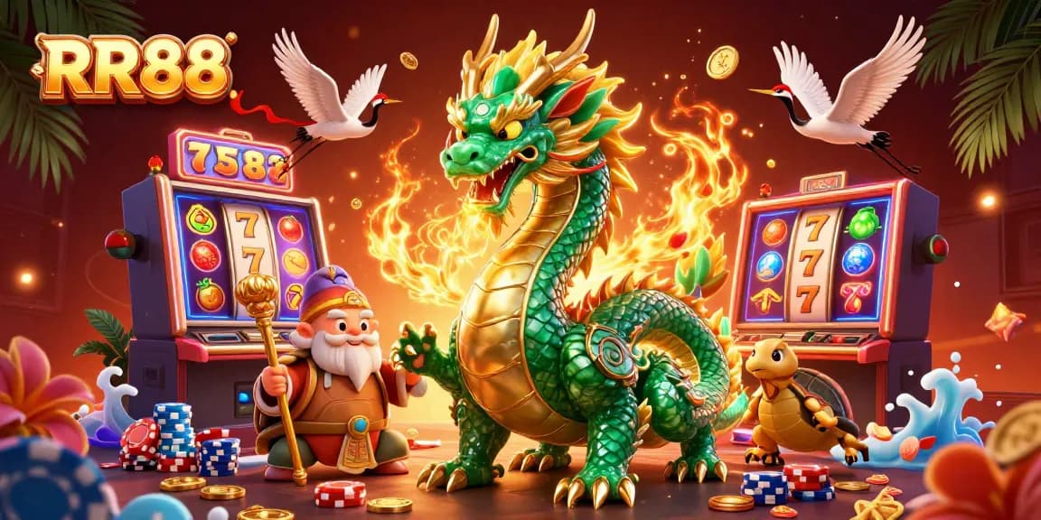Experience the thrill of RR88 with a vibrant casino scene featuring a dragon, turtle sage, and lucky cranes.