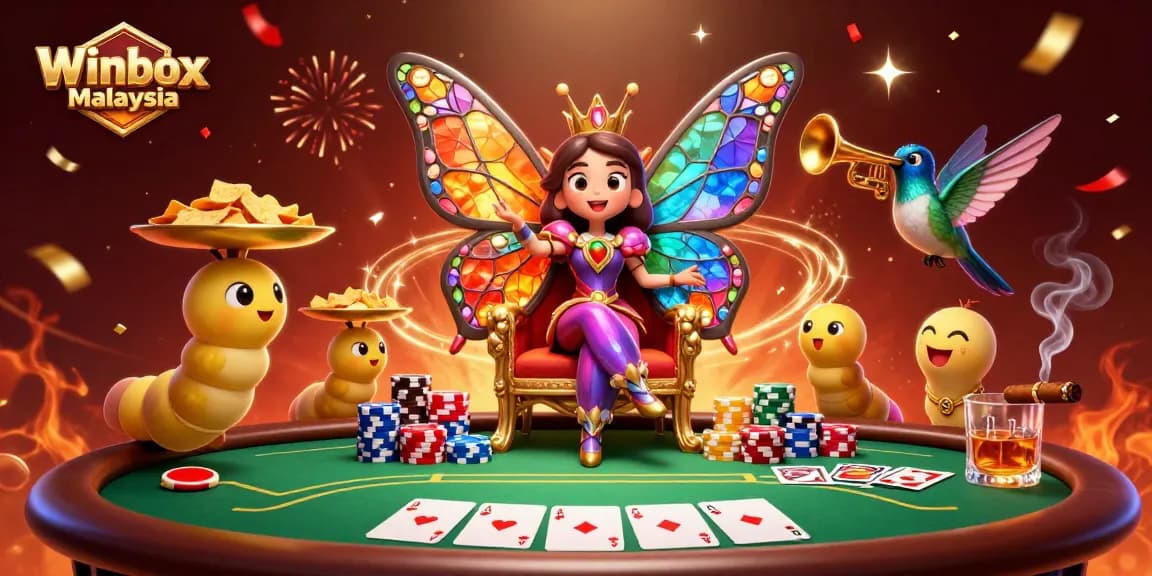 Play exciting poker hands at Winbox Malaysia with vibrant characters and casino elements in a dynamic scene.