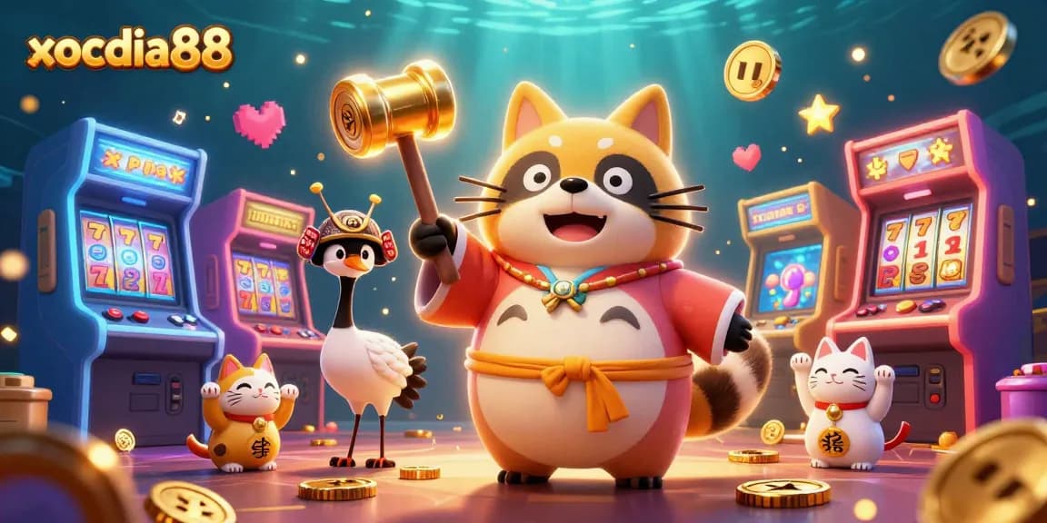 Xocdia88’s vibrant casino scene featuring a cheerful raccoon tanuki, samurai crane, and waving fortune cats with dynamic gaming elements.