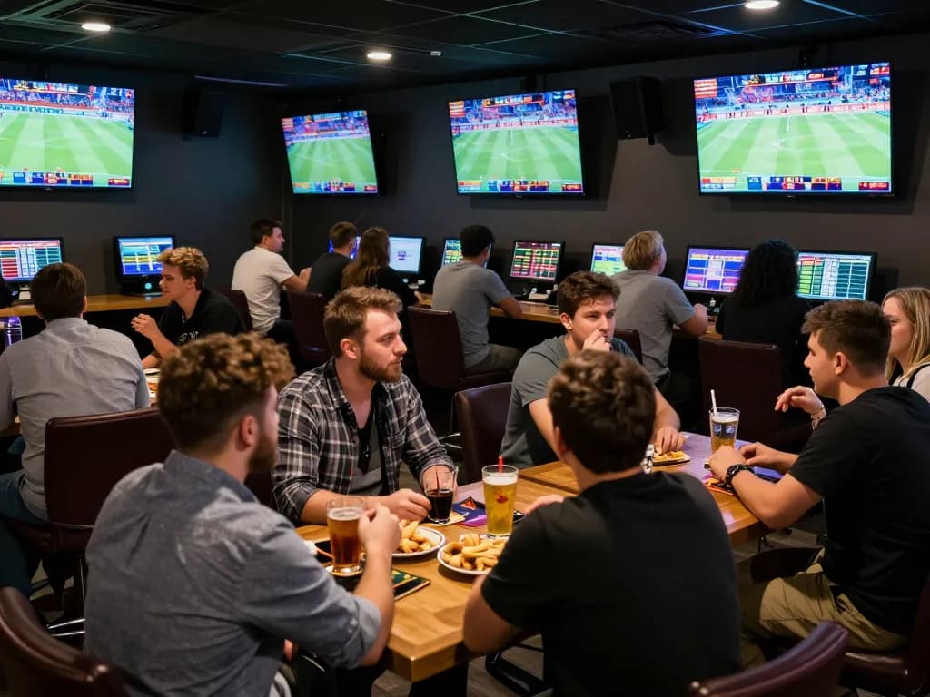 Patrons analyzing ty le keo nha cai while enjoying live sports in a vibrant betting environment