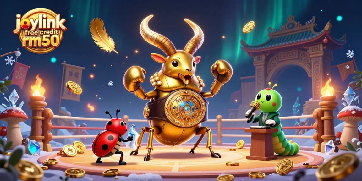 Engage with joylink free credit rm50 through a vibrant casino-themed 3D illustration showcasing dynamic characters in action.