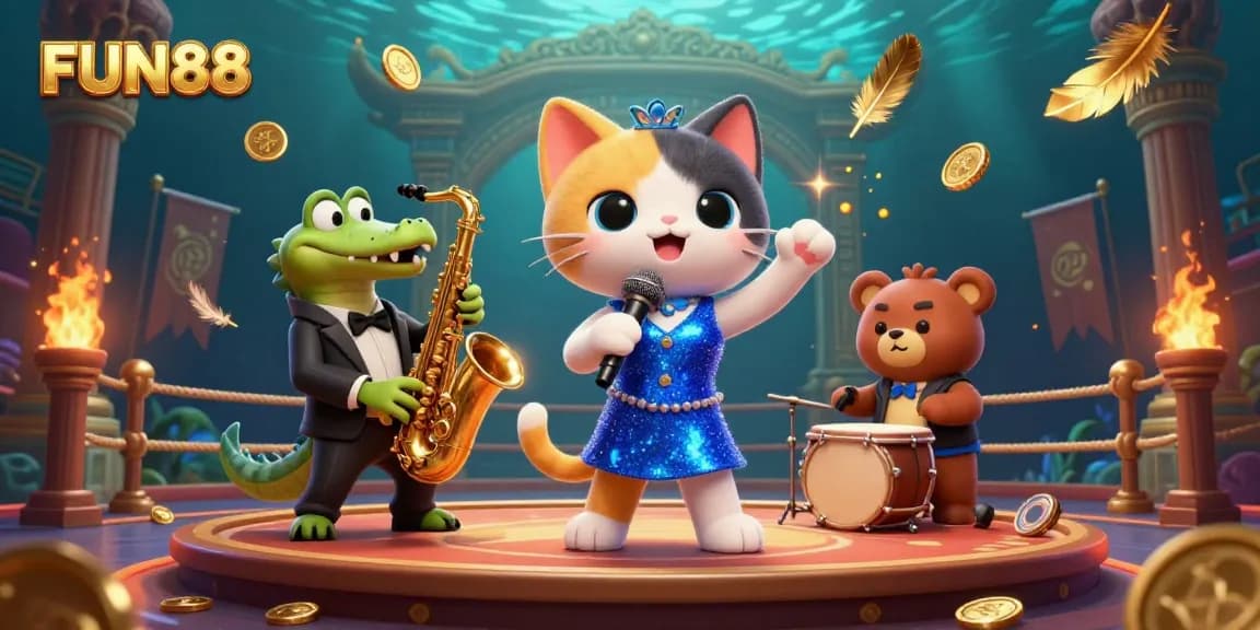 Engage with FUN88's vibrant casino scene featuring lively characters and dynamic gaming elements.