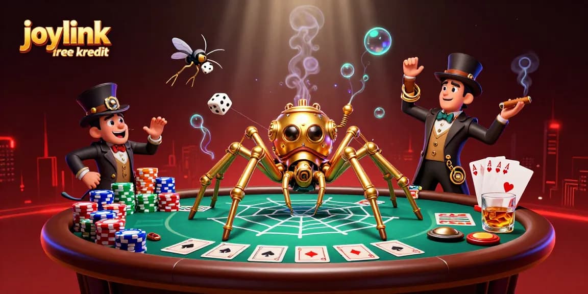 Engage with joylink free kredit in a vibrant steampunk casino scene filled with poker elements.