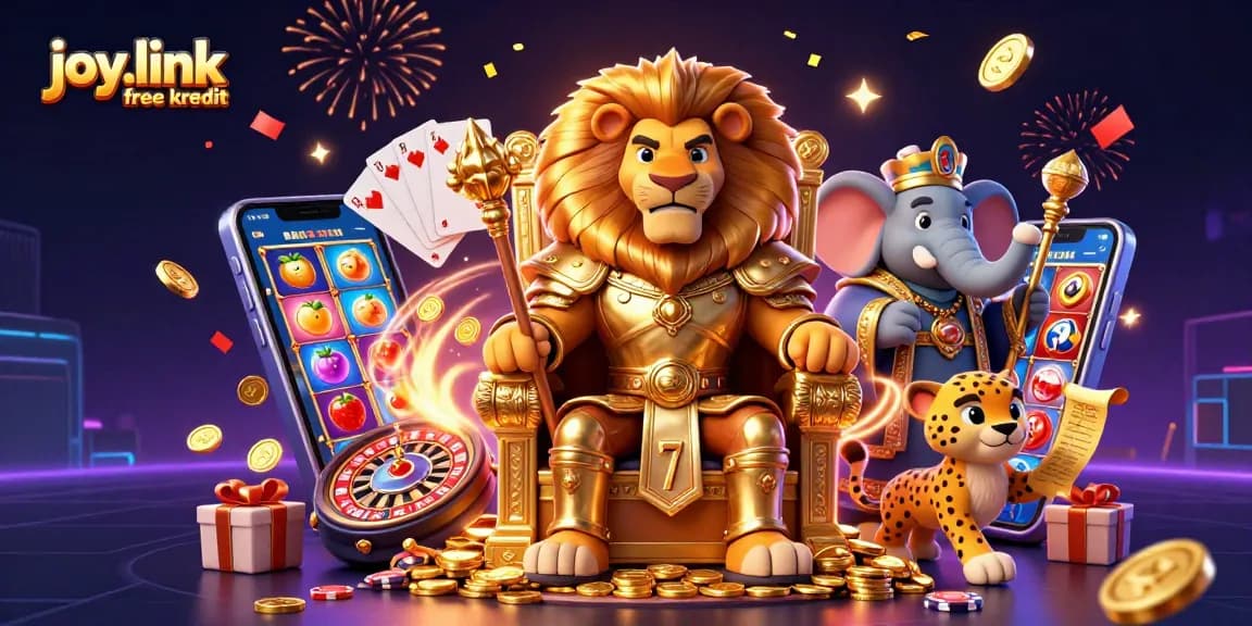 Engage with joy.link free kredit in a vibrant casino scene featuring a lion king, elephant advisor, and cheetah messenger.