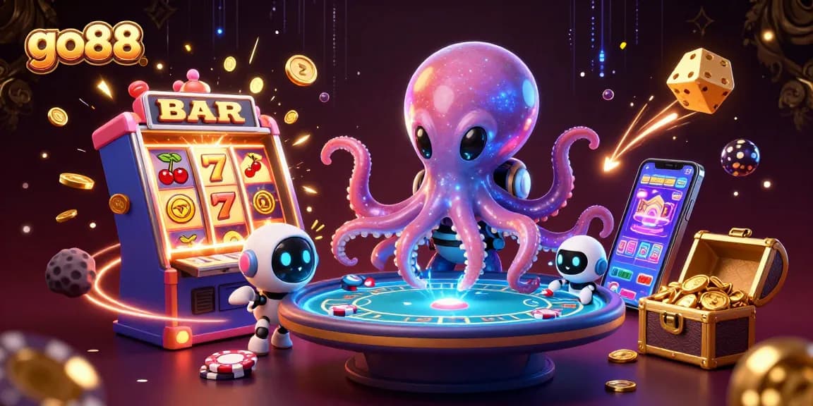 Engage with go88's thrilling alien octopus casino scene featuring a dynamic poker table and exciting game elements.