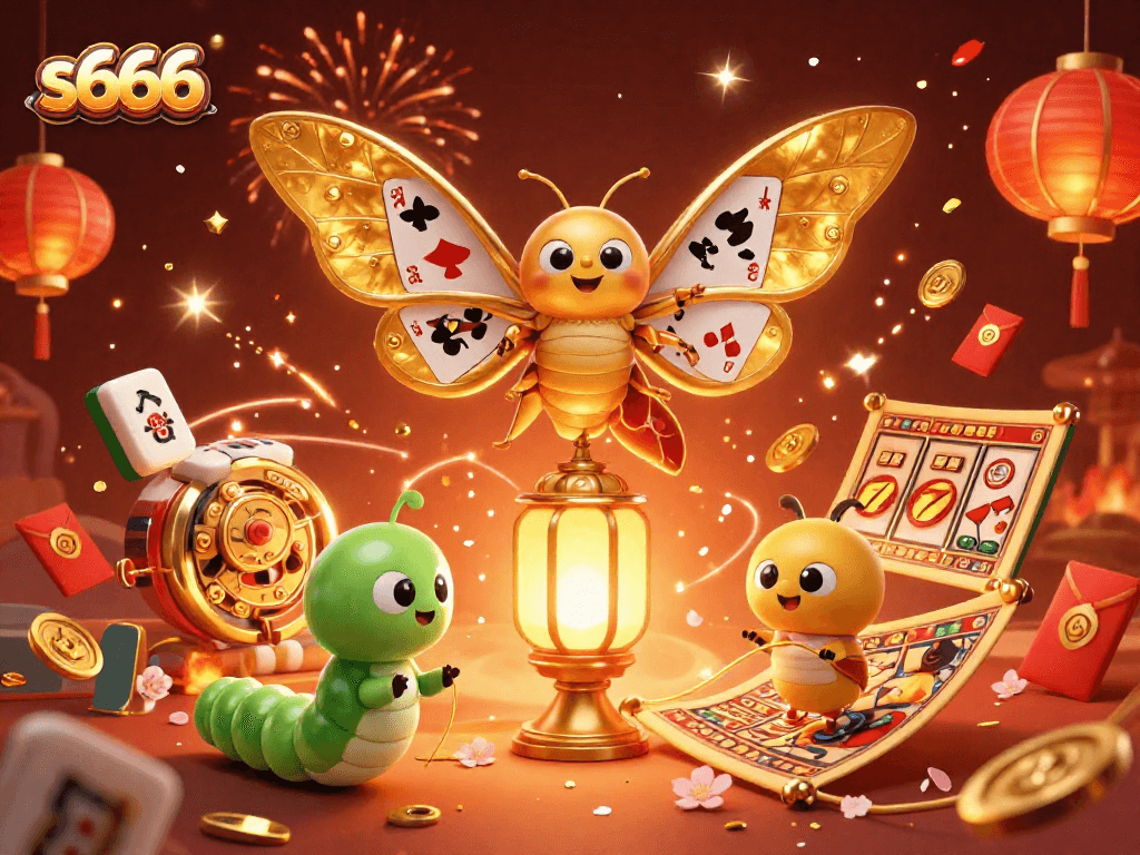 Experience thrilling gameplay at s666 with golden moths, casino elements, and festive fireworks.