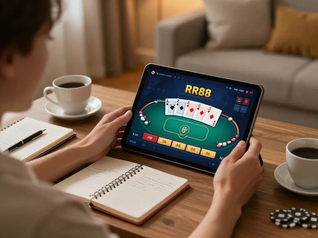 Player enjoying RR88 online gaming on tablet at home with strategy notes and warm lighting.