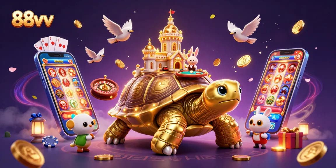 Experience 88vv's vibrant casino world with a golden tortoise, dealer, and coins flowing.