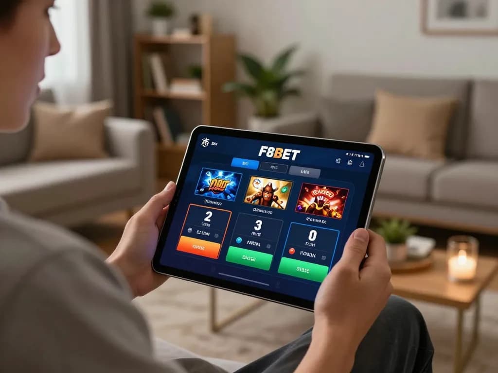 Engage with the F8BET casino app in a cozy home setting for strategic gaming.