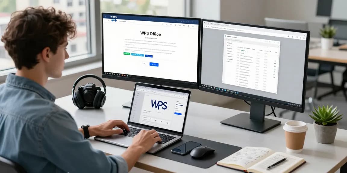 Dynamic digital workspace showcasing the WPS Official Website on dual monitors, emphasizing productivity in a modern software environment.