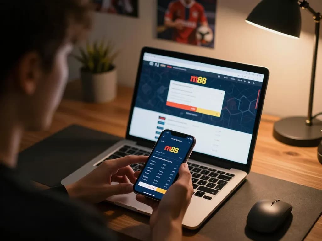 Access m88 login for sports betting excitement using mobile and laptop during a cozy gaming session