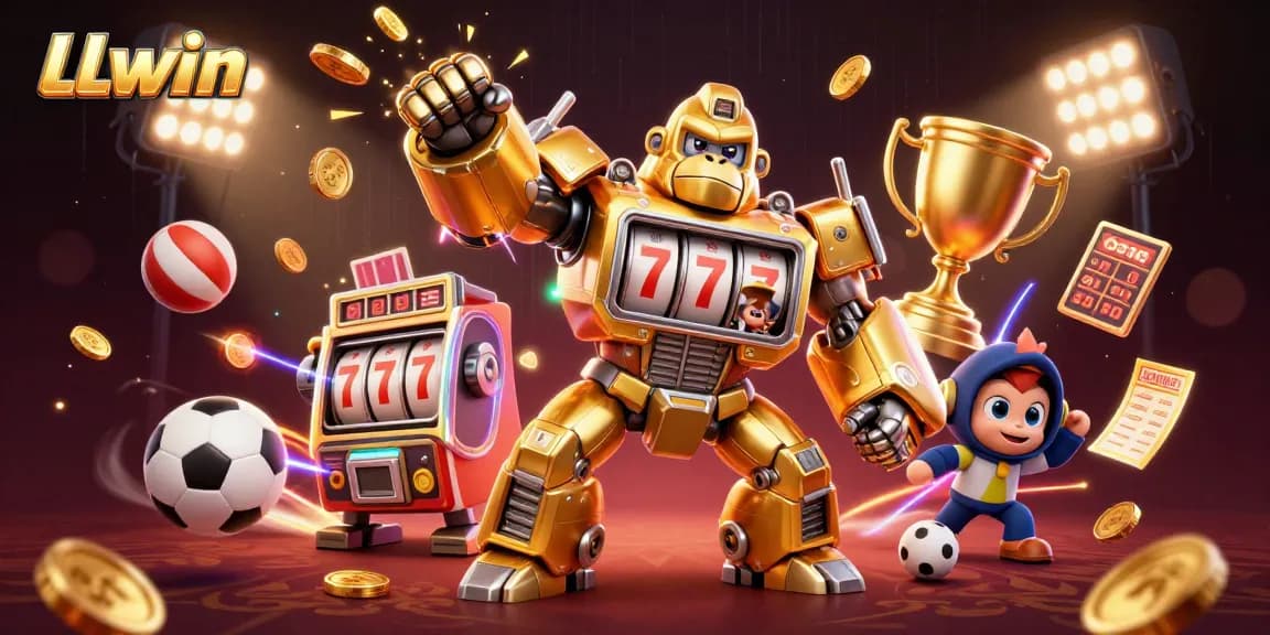 Experience exciting gameplay with LLwin's vibrant 3D illustration showcasing a golden gorilla mech and sports action.