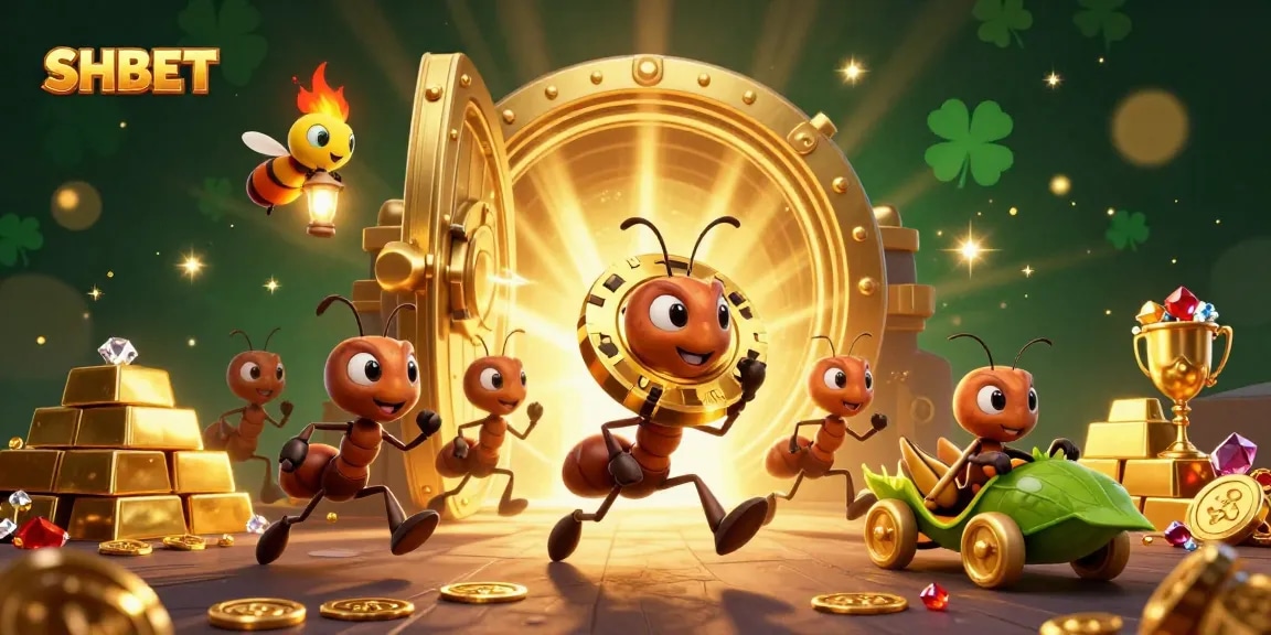 Experience a heist in SHBET's 3D casino world with cartoon ants carrying a giant poker chip.