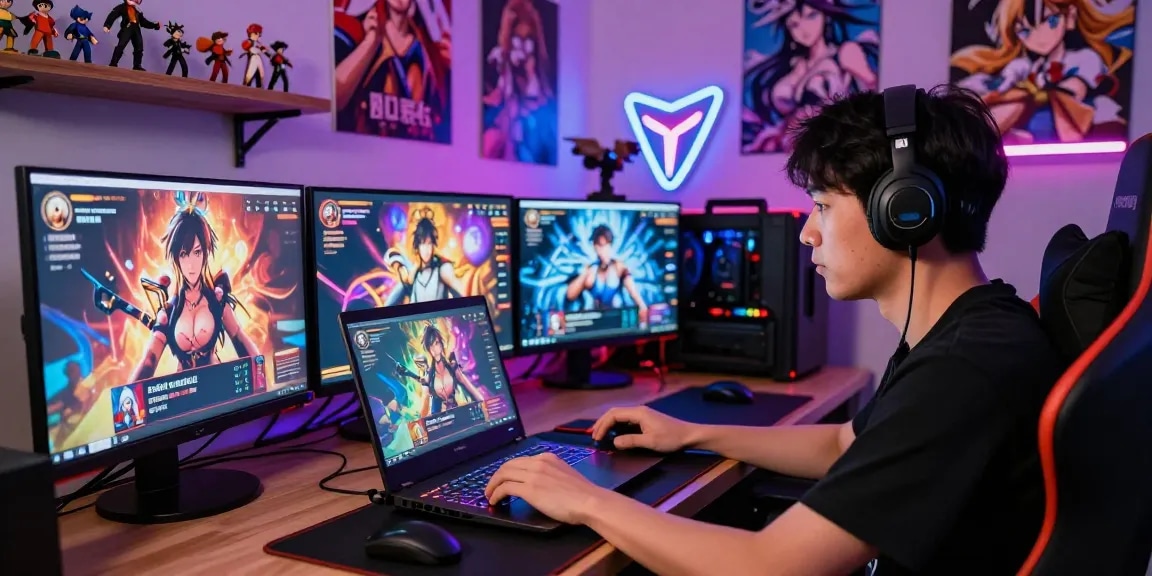 Gamer playing hentaigame surrounded by vibrant screens and anime decor.
