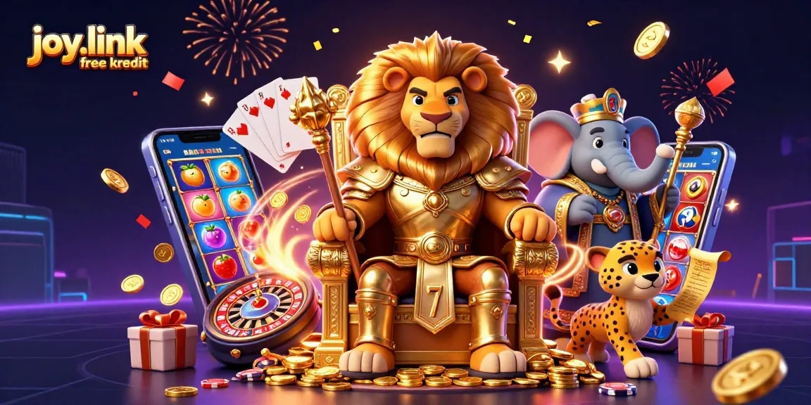 Engage with joy.link free kredit in a vibrant casino scene featuring a lion king, elephant advisor, and cheetah messenger.