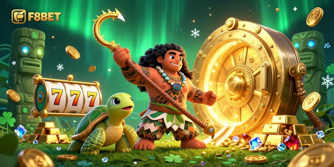 Spin and win at F8BET with a captivating 3D casino scene featuring colorful slot reels and golden treasures.