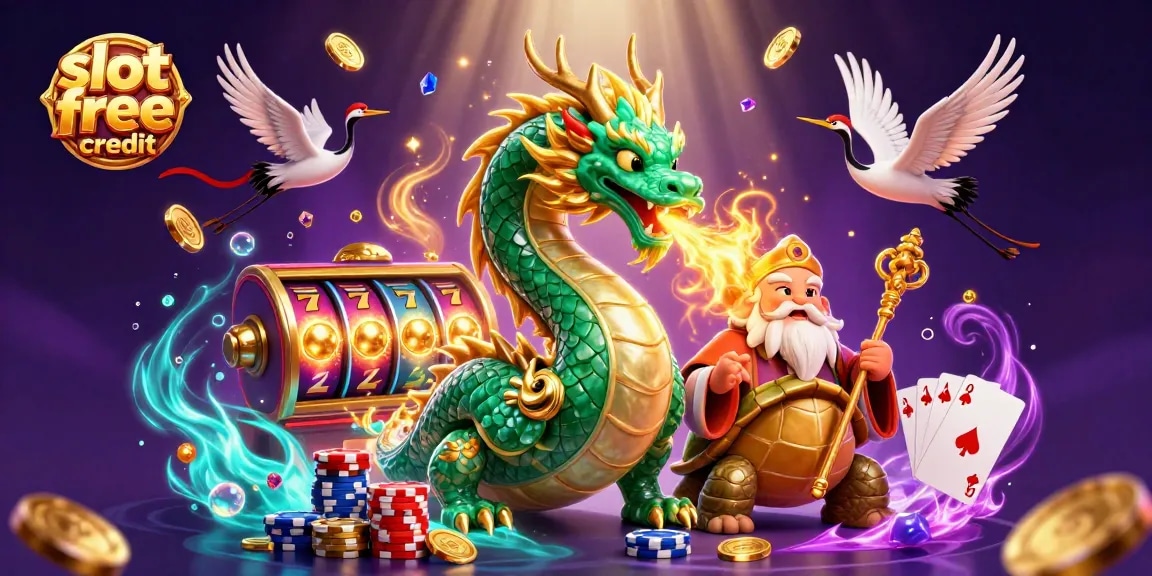 Experience slot free credit with vibrant 3D illustration of a jade dragon and lucky symbols in a casino scene.