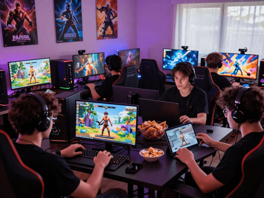 Players engaged in online gameplay to play porn games across devices in a lively gaming room setting.
