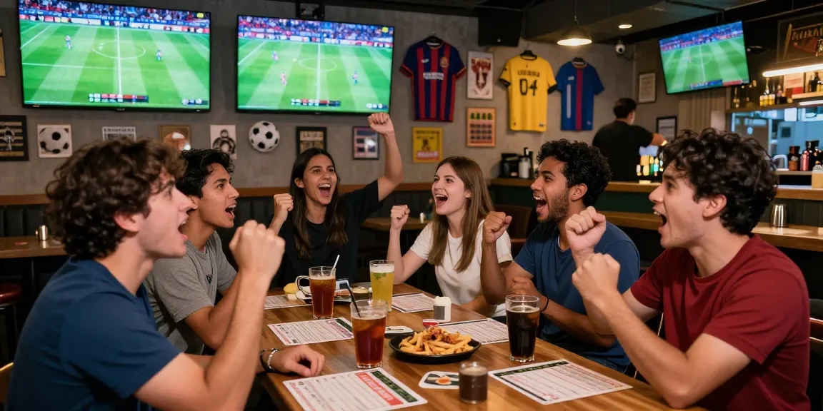 Exciting football betting scene in a lively Malaysian sports bar celebrating wins.
