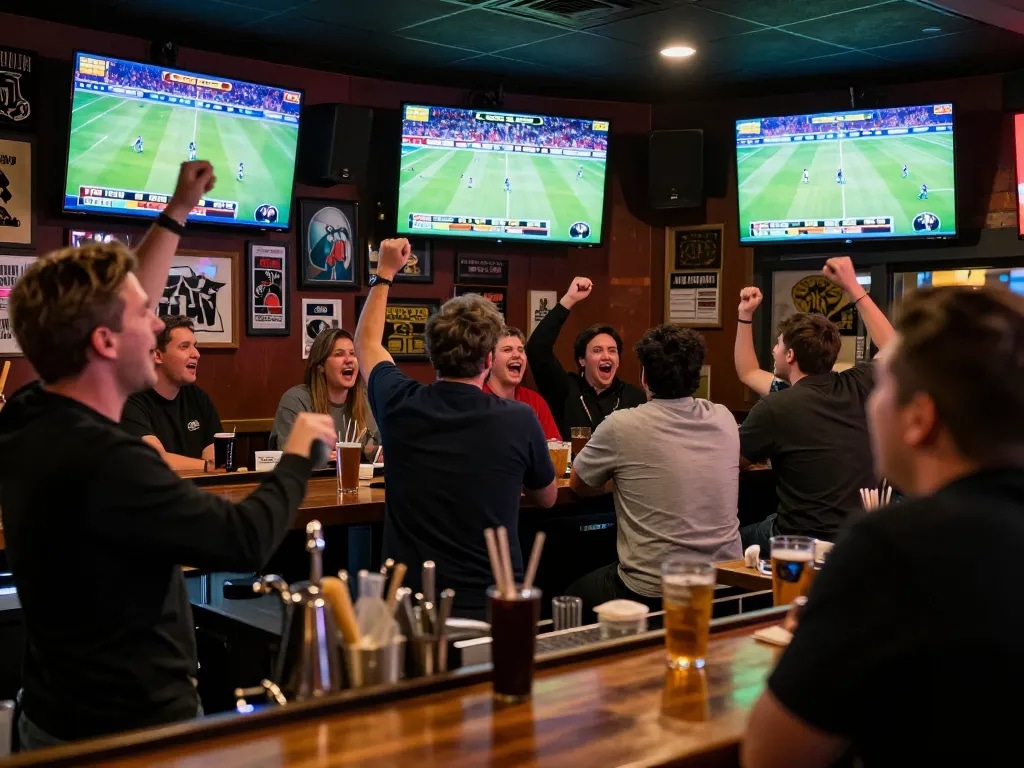 Engaged sports bettors enjoying thrilling keo nha cai action in a lively bar environment.