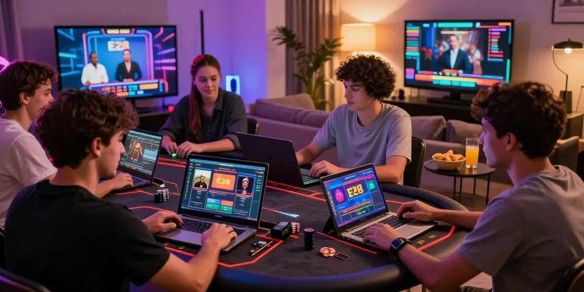 Players enjoying E28 online casino games in a modern living room, showcasing engaging atmosphere.
