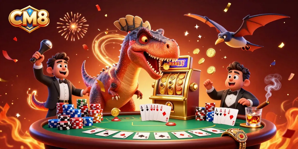 CM8 thrills players with a dynamic casino scene featuring cartoon dinosaurs and a golden slot jackpot.