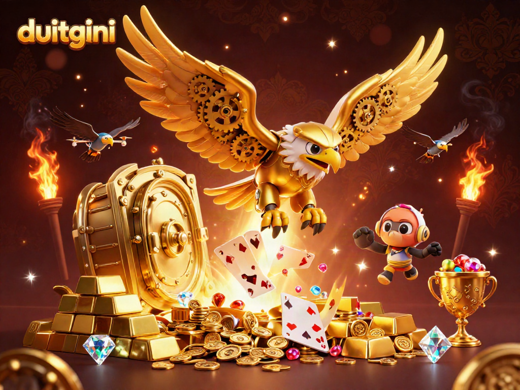Watch the 3D cybernetic golden eagle soar through holographic playing cards at DuitGini.
