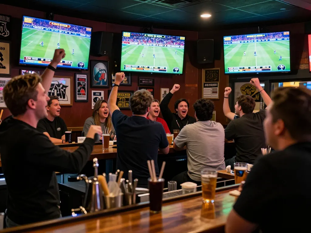 Engaged sports bettors enjoying thrilling keo nha cai action in a lively bar environment.