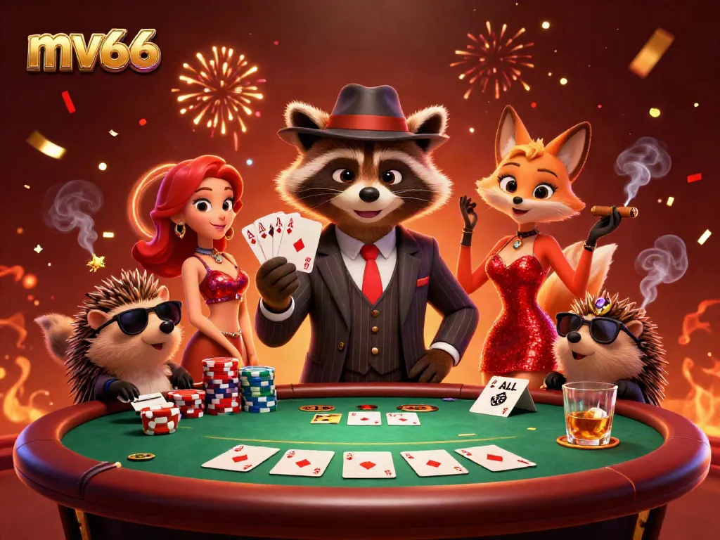Experience the excitement of mv66 with a raccoon showing a royal flush at a vibrant poker table.