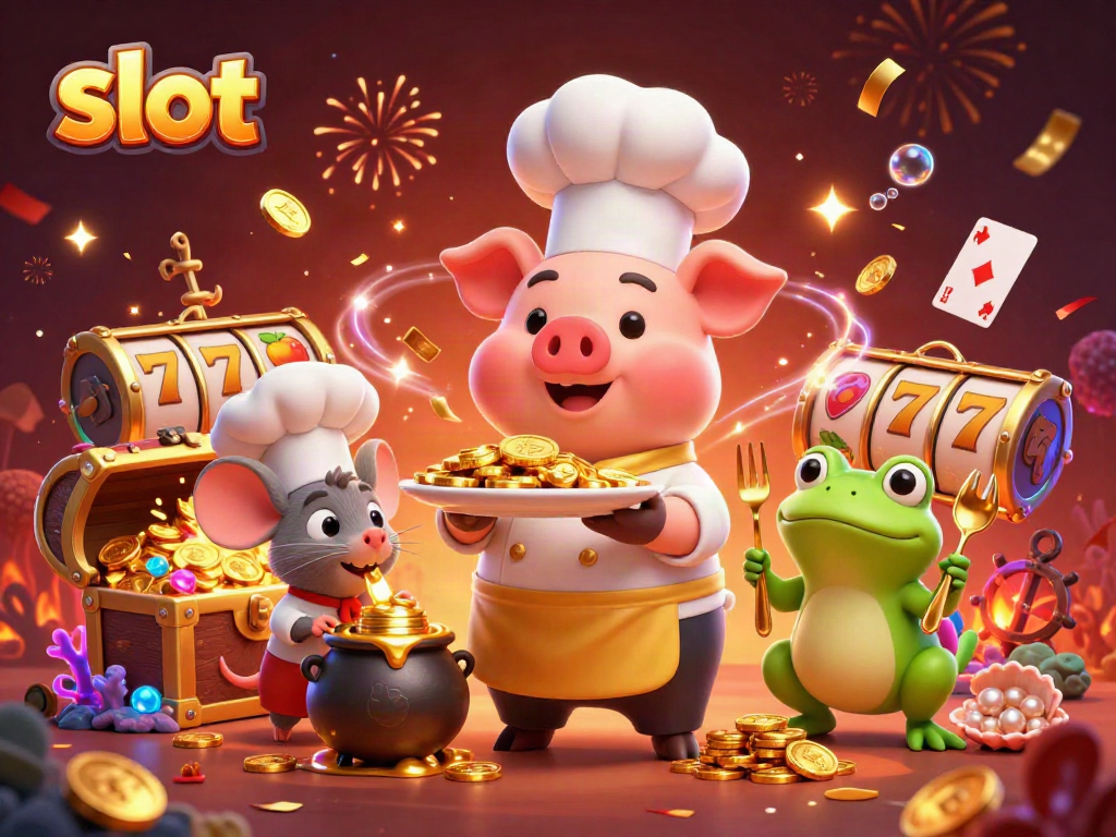 Engage with exhilarating slot games featuring a chef pig, sous-chef mouse, and critic frog.
