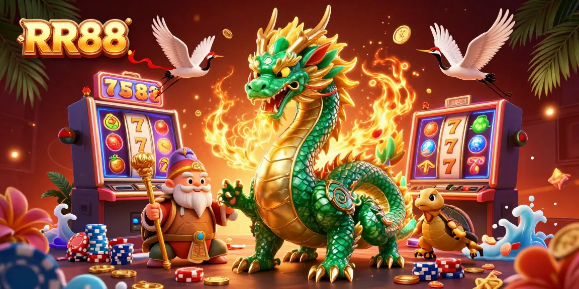 Experience the thrill of RR88 with a vibrant casino scene featuring a dragon, turtle sage, and lucky cranes.