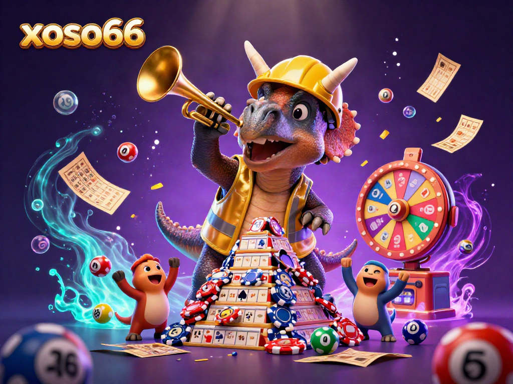 Experience the excitement of xoso66 with a triceratops building poker chip towers amidst lottery balls and confetti.