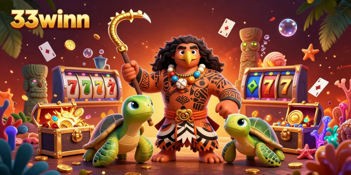Engage in thrilling casino action with 33winn's vibrant illustration featuring a Polynesian demigod and dynamic game elements.