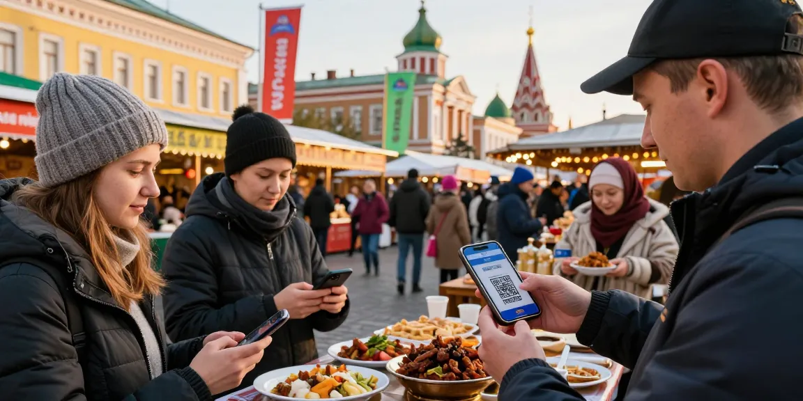 Pengunjung menggunakan https://payinrussia.com/ untuk membayar makanan di pasar tempatan di Rusia.