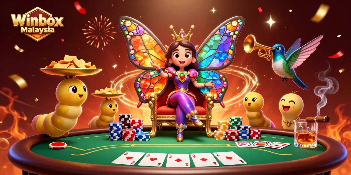 Play exciting poker hands at Winbox Malaysia with vibrant characters and casino elements in a dynamic scene.