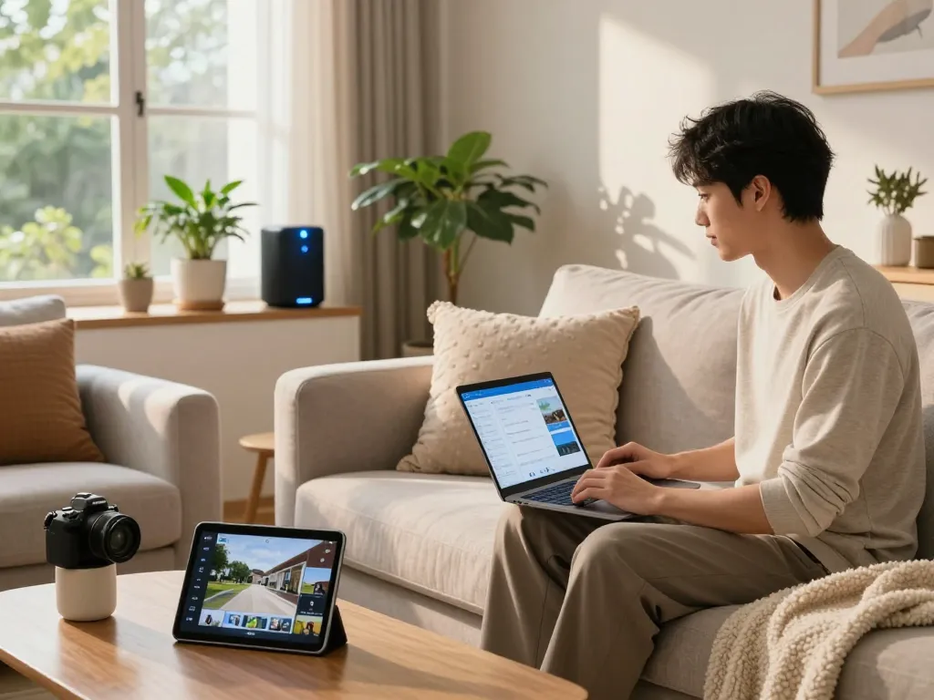 Engaging young professional using tech gadgets for home in a cozy living room.