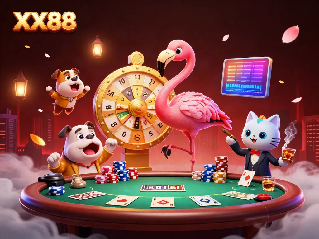 Experience the thrill of XX88 with a vibrant casino-themed illustration featuring characters celebrating big wins.