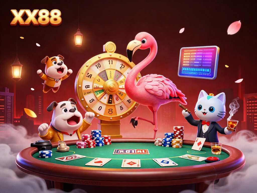 Experience the thrill of XX88 with a vibrant casino-themed illustration featuring characters celebrating big wins.