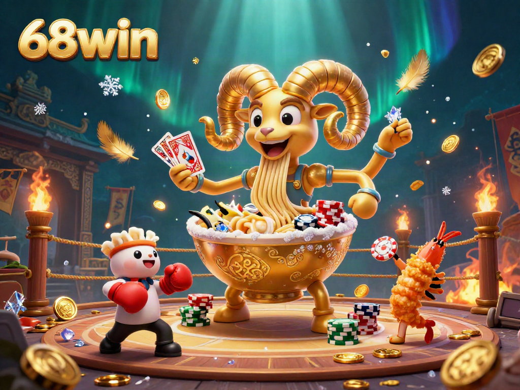 Play at 68win with a giant ramen bowl character in an exciting casino scene