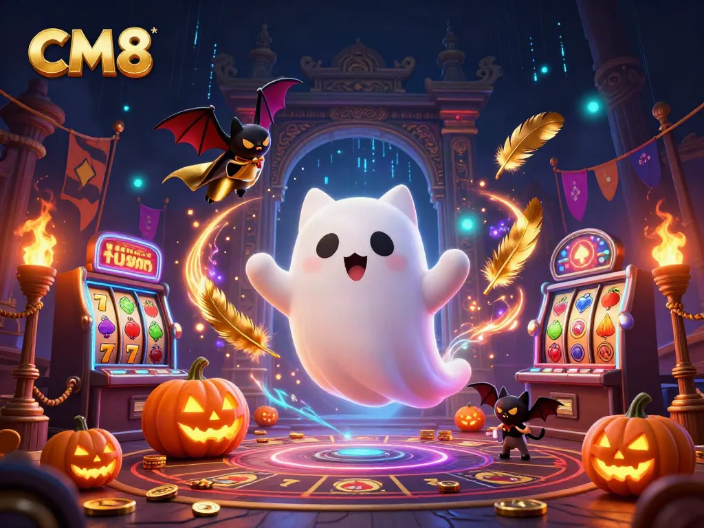 Immerse in the CM8 casino adventure with the ghost cat, vibrant slot themes, and glowing jack-o-lanterns.