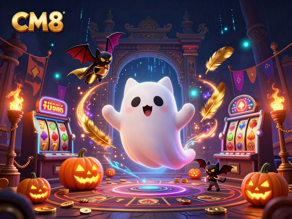 Immerse in the CM8 casino adventure with the ghost cat, vibrant slot themes, and glowing jack-o-lanterns.