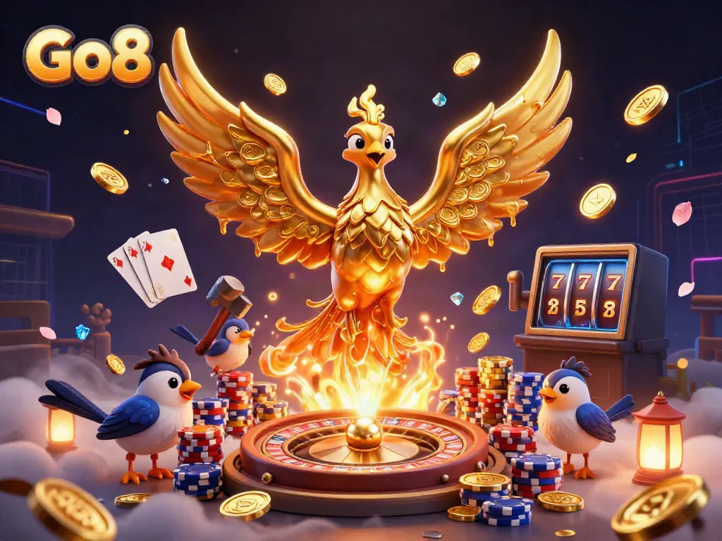 Experience the thrill of Go8 with the phoenix rising amidst gold coins and casino elements.