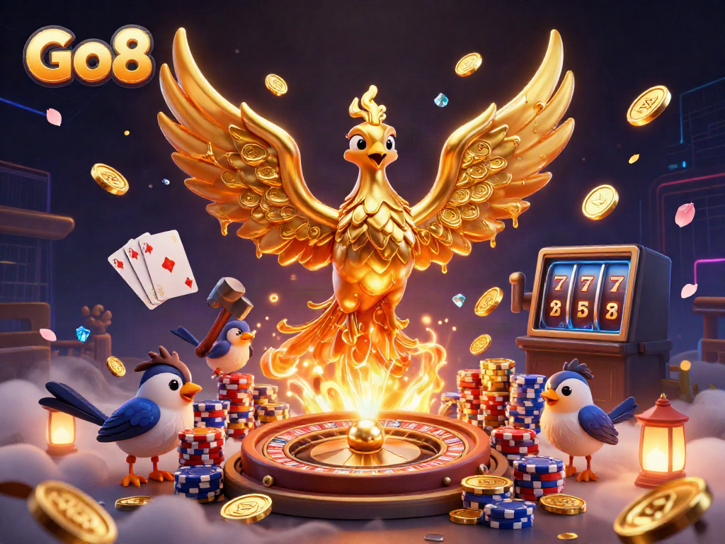 Experience the thrill of Go8 with the phoenix rising amidst gold coins and casino elements.