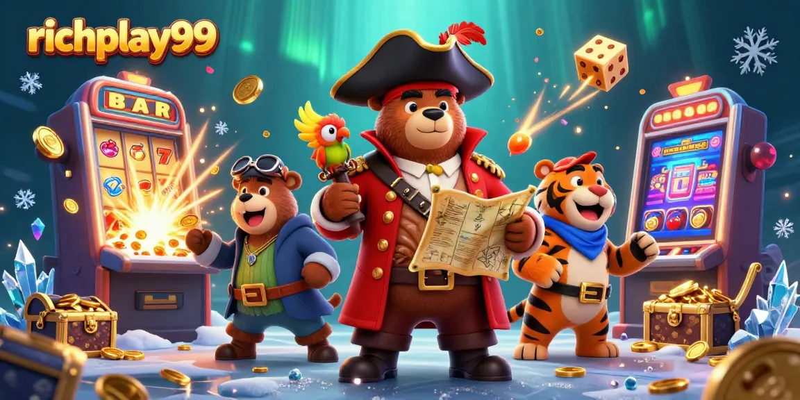 richplay99 showcases a thrilling casino scene featuring a pirate bear and tiger amidst a jackpot explosion.