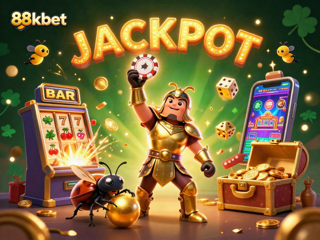 Experience the thrill of winning at 88kbet with a cartoon hercules beetle celebrating a jackpot!