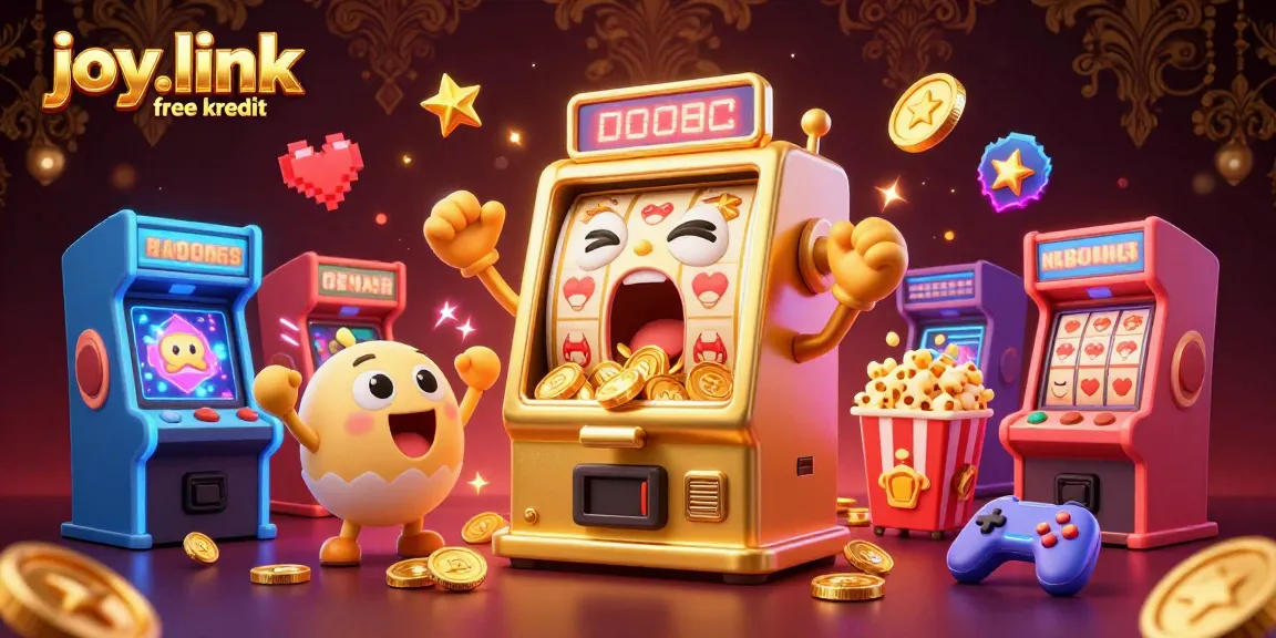 Experience the joy.link free kredit jackpot winning moments with vibrant 3D slot machines celebrating victory amidst a casino arcade.