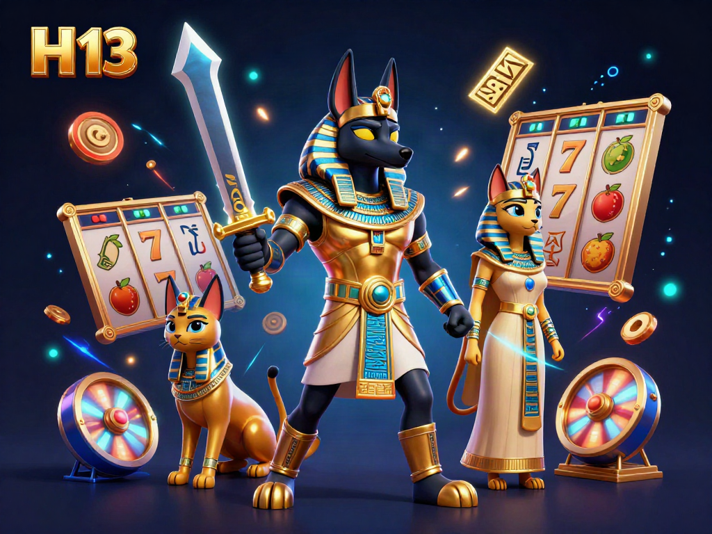 Experience gaming thrills at H 13 with a dynamic jackpot scene featuring Anubis and Bastet.