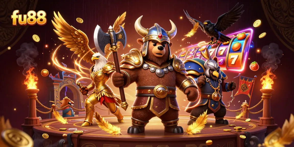 fu88 thrills with a dynamic 3D illustration of a Viking bear, Valkyrie eagle, and casino elements.