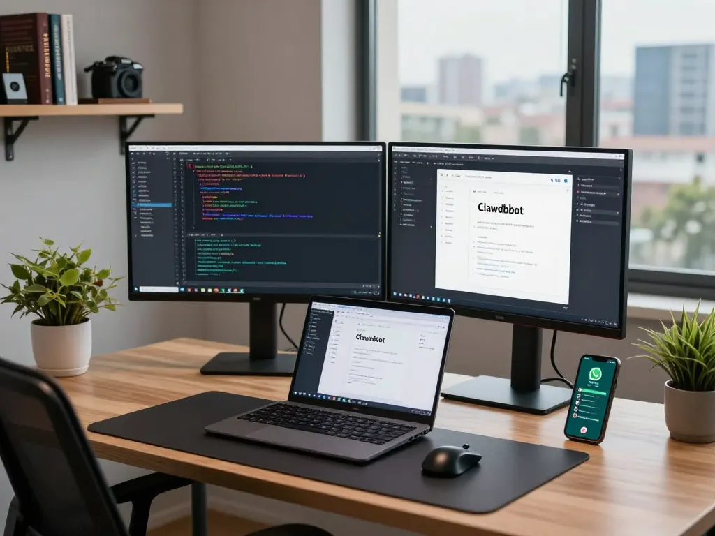 Clawd bot integration displayed on dual monitors in a modern home office with a developer working.