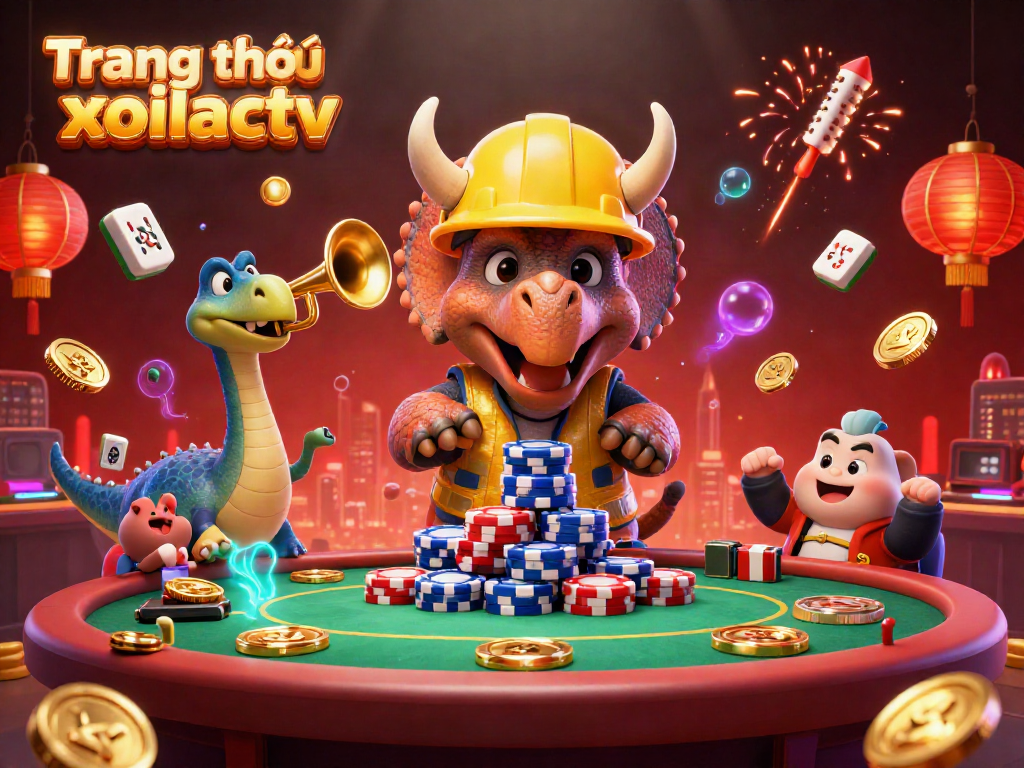 Join the excitement at Trang chủ xoilactv with a lively 3D cartoon scene featuring a triceratops building poker chip pyramids, perfect for casino enthusiasts.
